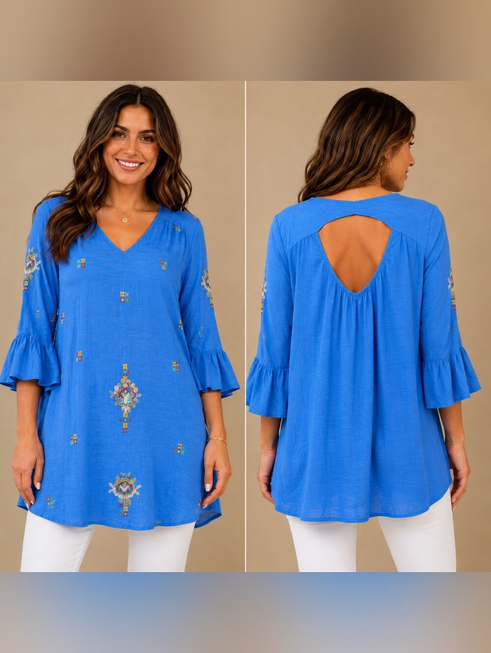 Rebellious Blue Embroidered Boho Bell Sleeve Tunic Small A-300